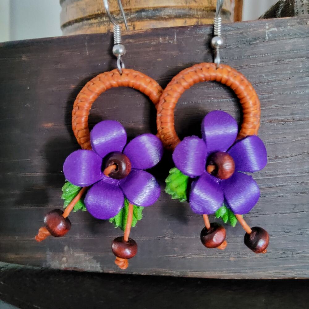 Genuine Leather Handmade Purple Flower Dangle Earrings